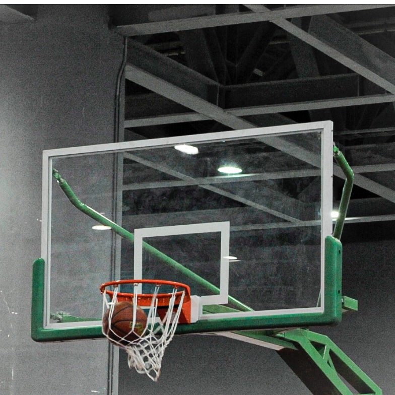 FIBA Standard Tempered Glass Basketball Back Board with Protective Padding (Size: 3.5ft x 6ft x 12mm) with 18" Heavy Duty Snapback Ring and Nylon Net