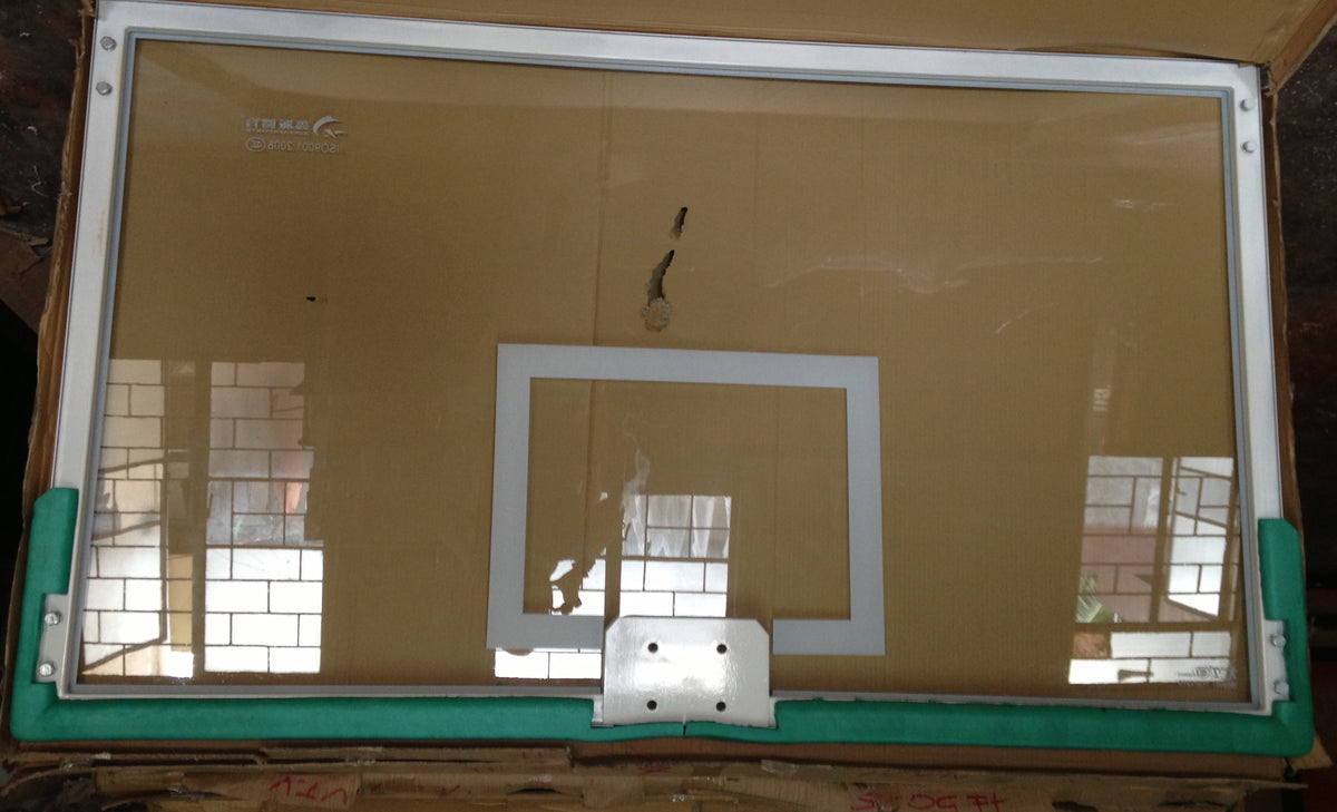 FIBA Standard Tempered Glass Basketball Back Board with Protective Padding (Size: 3.5ft x 6ft x 12mm) with 18" Heavy Duty Snapback Ring and Nylon Net