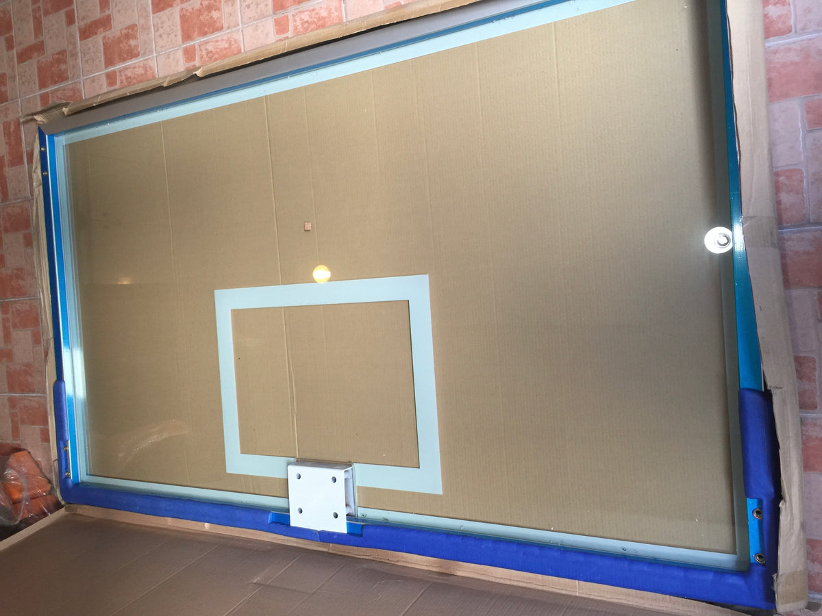 FIBA Standard Tempered Glass Basketball Back Board with Protective Padding (Size: 3.5ft x 6ft x 12mm) with 18" Heavy Duty Snapback Ring and Nylon Net